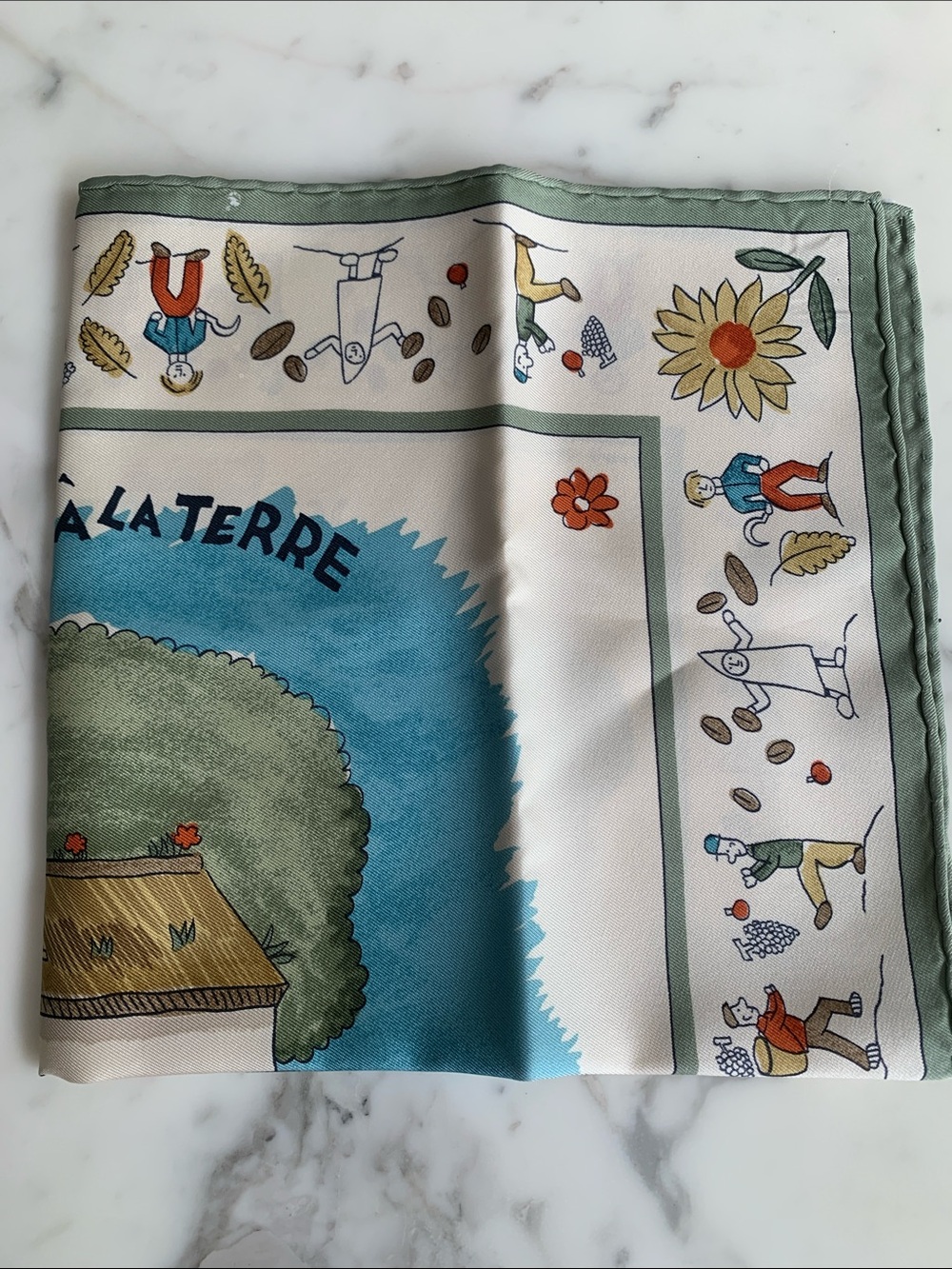 Hermès Multicolor 'Retour à la Terre' Silk Scarf with Green, Blue, Cream & Tan - Picture 11 of 14